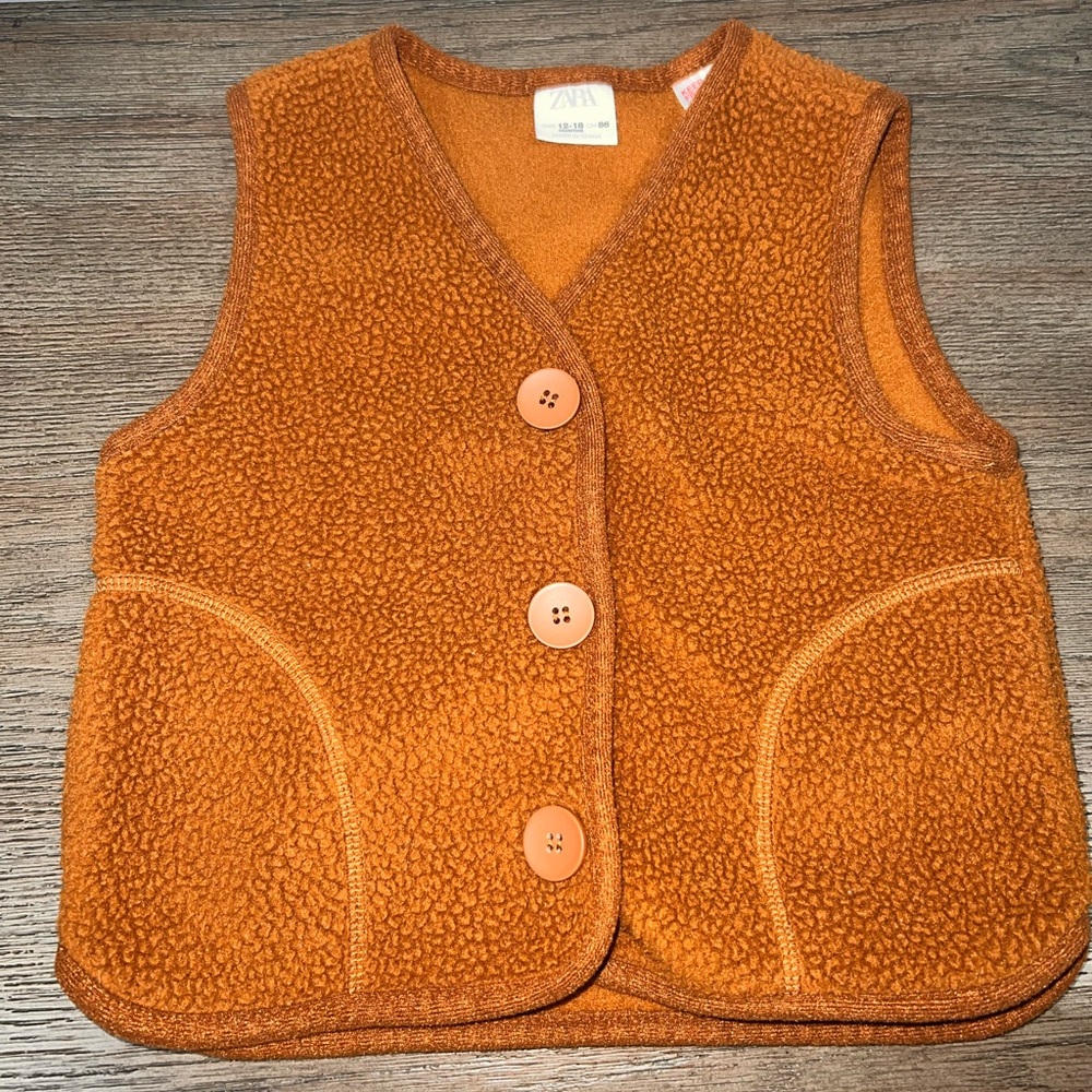 ZARA Baby Teddy Sherpa Fleece Vest Burnt Orange Buttons Pockets | 12-18 Months